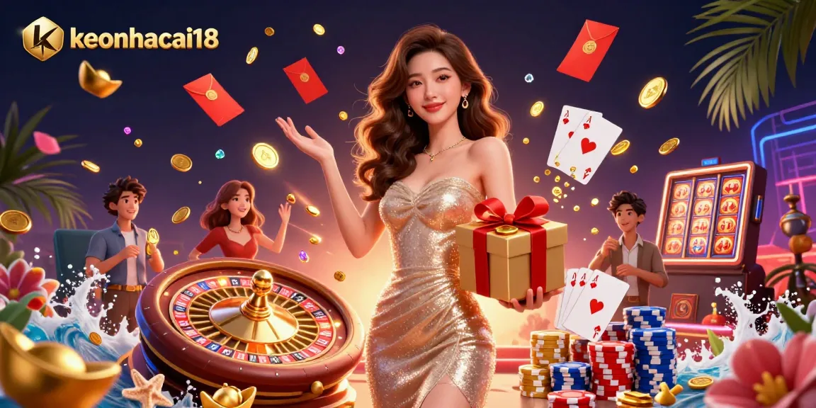 Engage with the vibrant scene at keonhacai18 featuring a welcoming woman, golden coins, and festive casino elements.