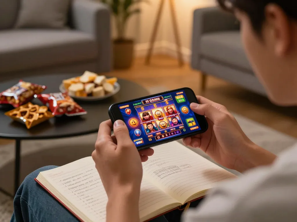 Engaged player enjoying slot gacor hari ini on mobile device in cozy home setup with strategic notes.
