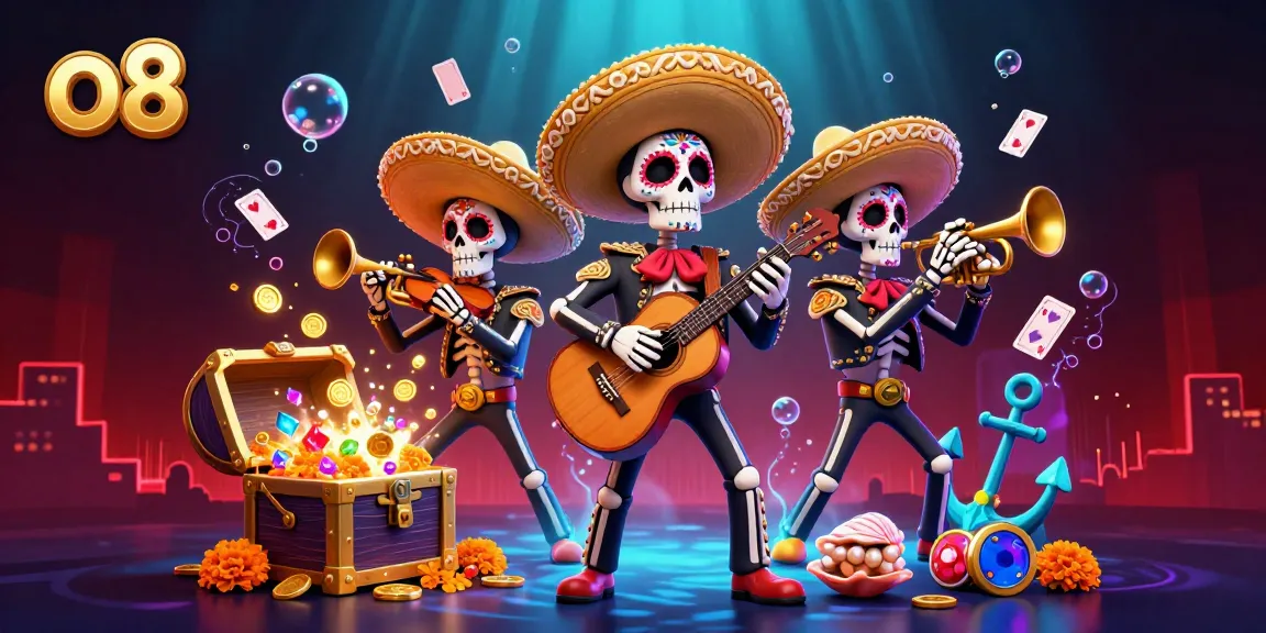 "Experience exciting online gaming with colorful o8 mariachi characters amidst sparkling treasure."