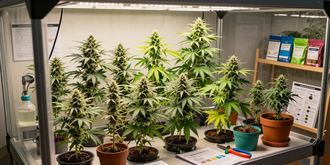 Healthy autoflower cannabis seeds growing indoors, showcasing various strains under bright LED lights.