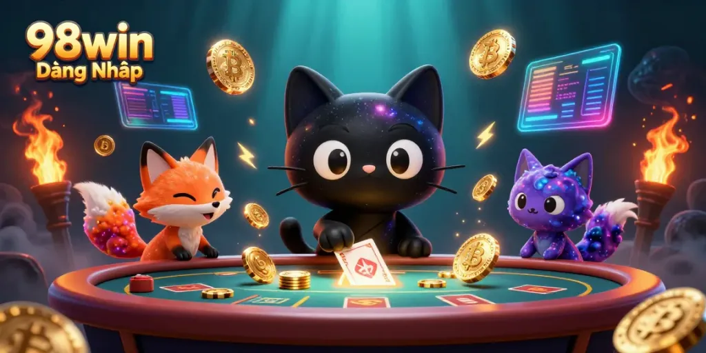 Experience the excitement with 98win Đăng Nhập as the cosmic casino comes alive with animated characters and vibrant elements.