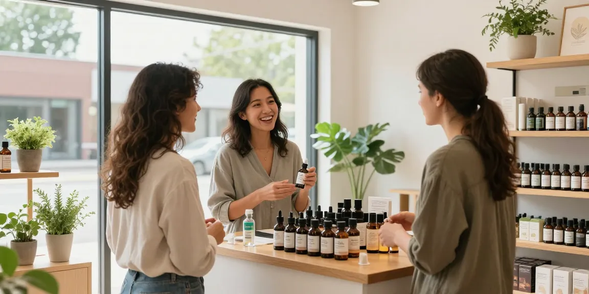 Customer exploring organic Canadian CBD oil products in a bright wellness shop, showcasing full-spectrum and THC-free options.