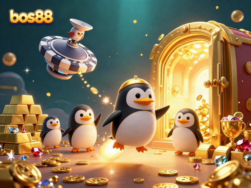 bos88 meramaikan permainan kasino dengan penguin emas dan barang harta karun yang bersinar