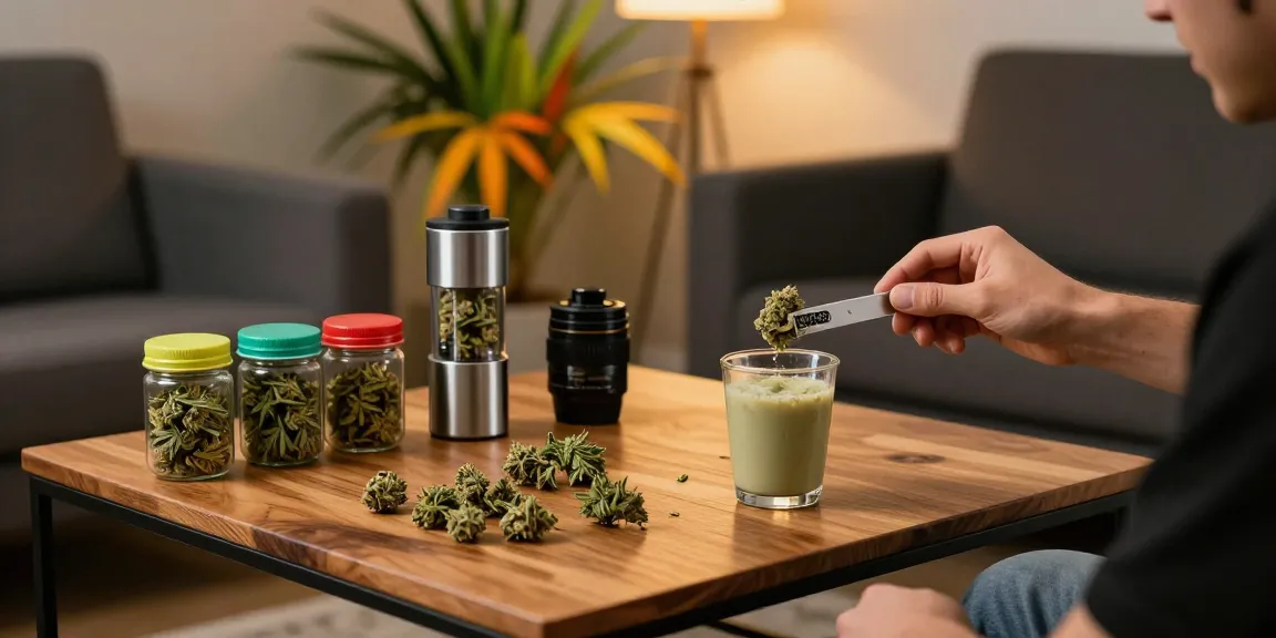 Creating stardawg shake with cannabis trim in a cozy workspace, showcasing jars, grinders, and vibrant plants.