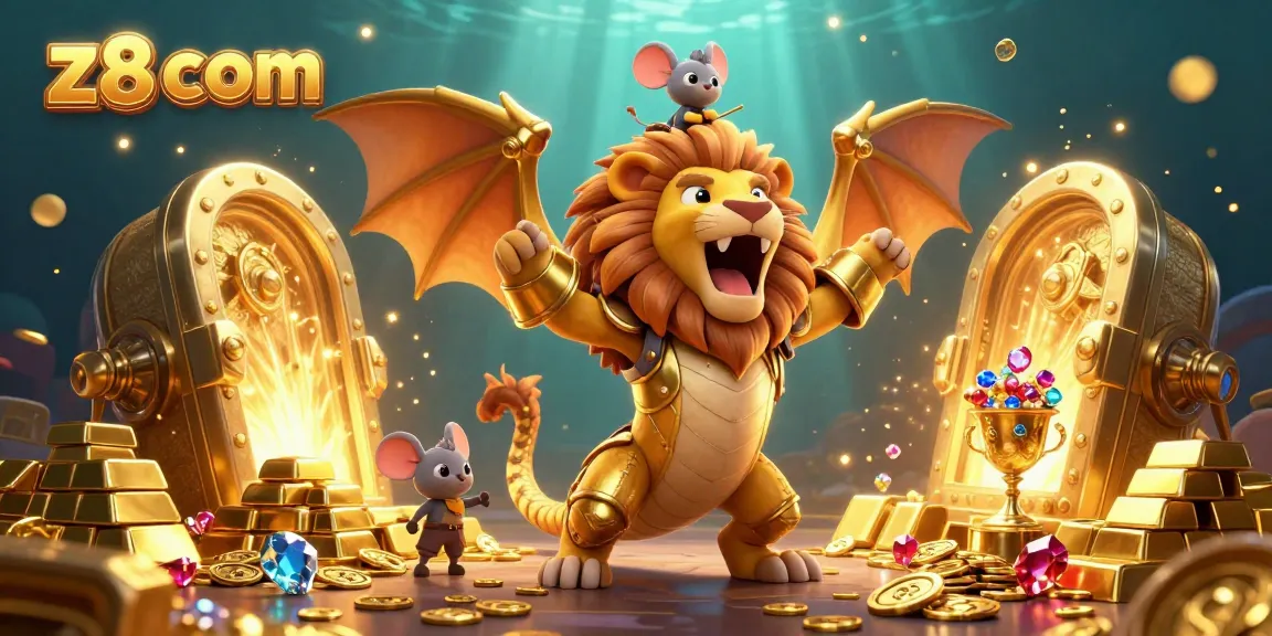 Experience the excitement of z8 com with a colorful, dynamic casino scene featuring golden treasures and characters.