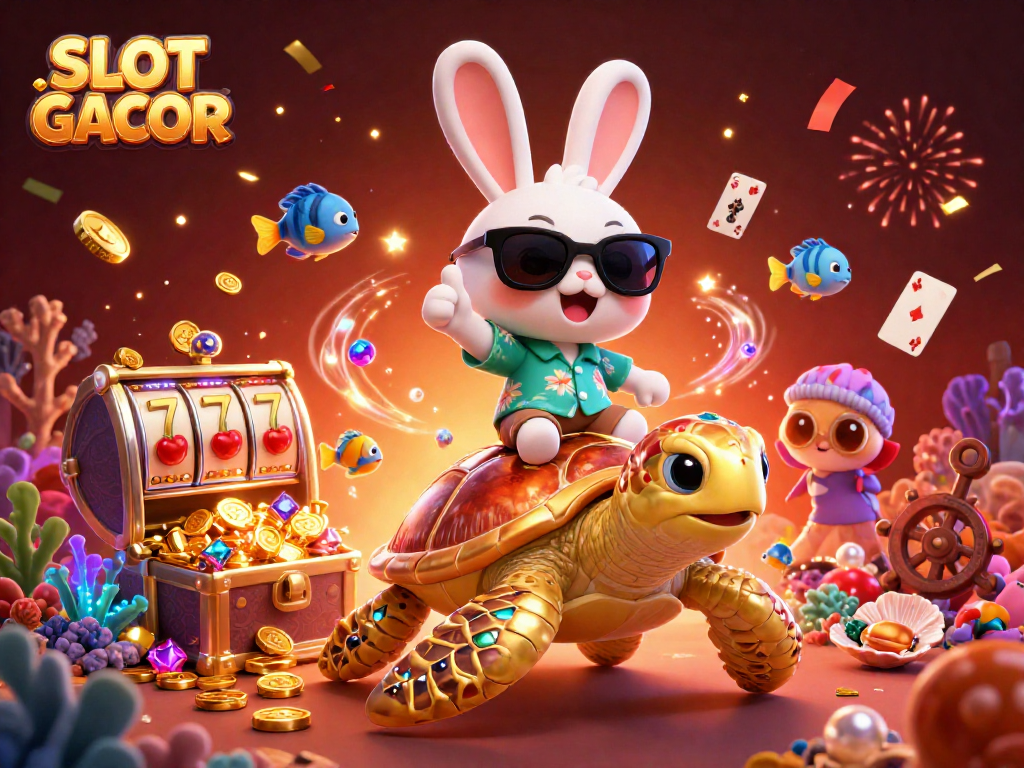 SLOT GACOR features a colorful scene with a lucky rabbit and a golden turtle surrounded by casino elements.