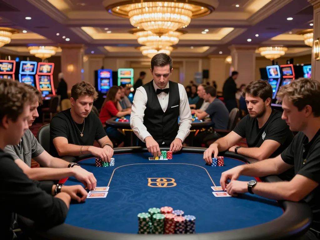 Players engaged in a high-stakes poker game showcasing kèo nhà cái strategy at an upscale casino.
