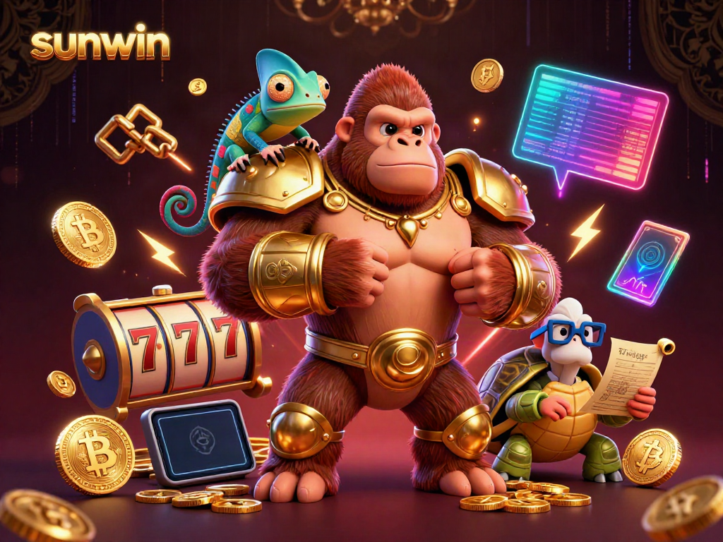 Sunwin casino scene featuring powerful characters and vibrant gaming elements illustrating exciting gameplay.