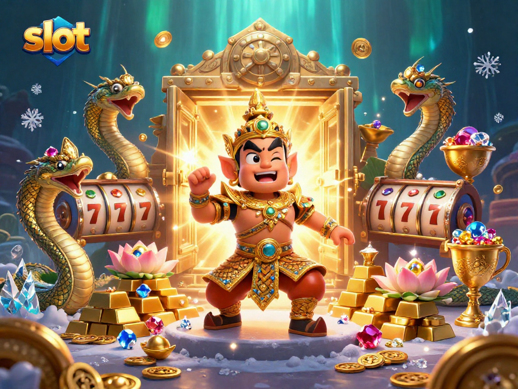 Play slots amidst shimmering treasure and vibrant characters in this dynamic casino scene.