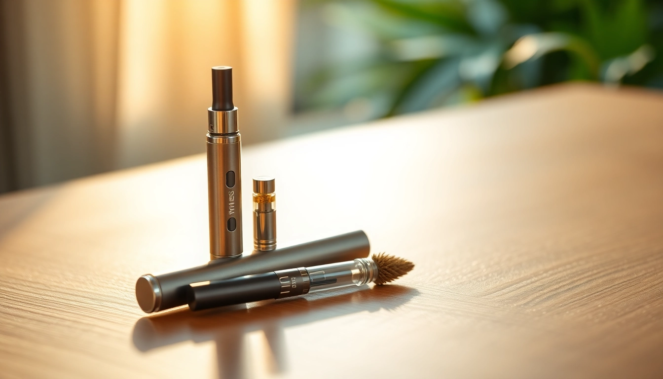 Engaging cannabis vape setup showcasing a quality vape pen and cartridges on a table.