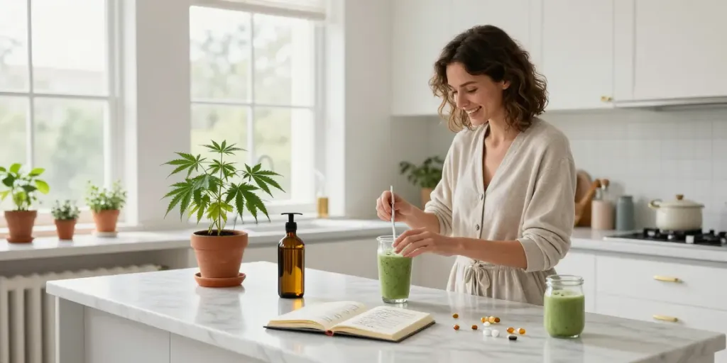 Explore the benefits of a Colorado online dispensary that ships to all states, featuring CBD oil and natural wellness elements in a serene kitchen.
