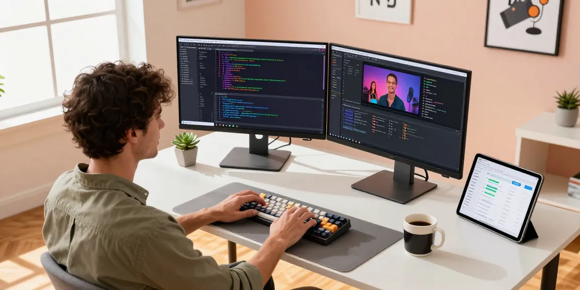 Software developer coding on dual monitors in a stylish home office, showcasing telegram官网 project collaboration.