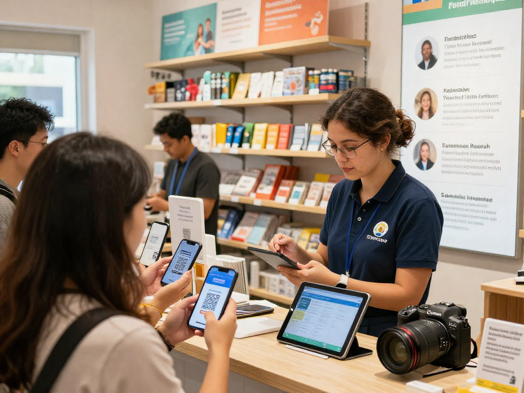 Customers engaging with loyalty software and QR codes in a retail store, highlighting modern loyalty programs