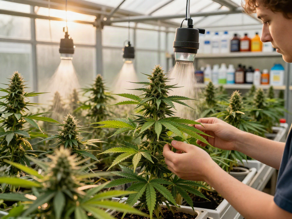 Grower inspecting triploid seed varieties in a vibrant greenhouse.