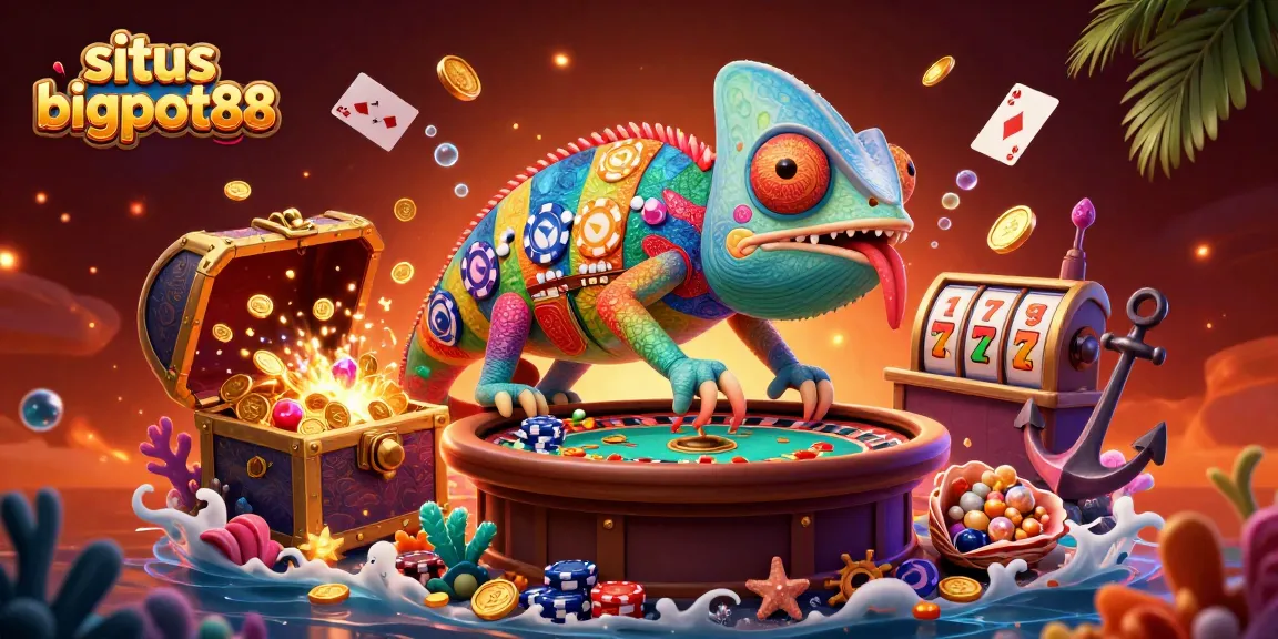 situs bigpot88 showcases a lively casino scene with a colorful chameleon and dynamic game elements.