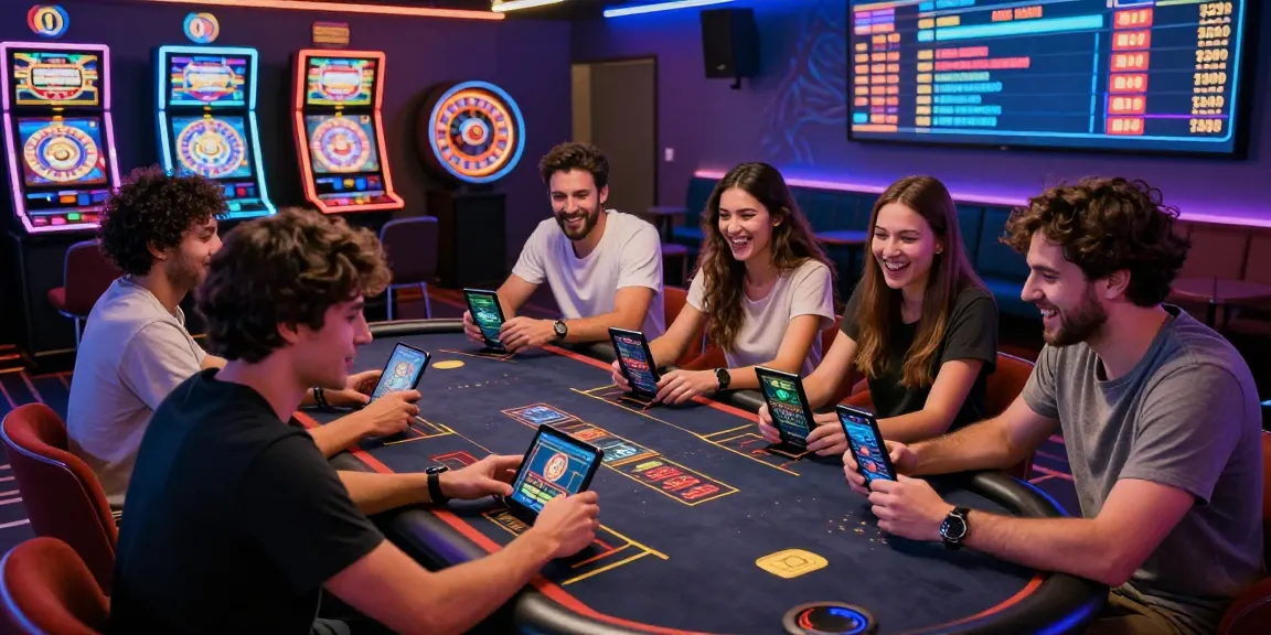 Friends enjoying a lively crypto casino gaming session with digital devices and vibrant atmosphere