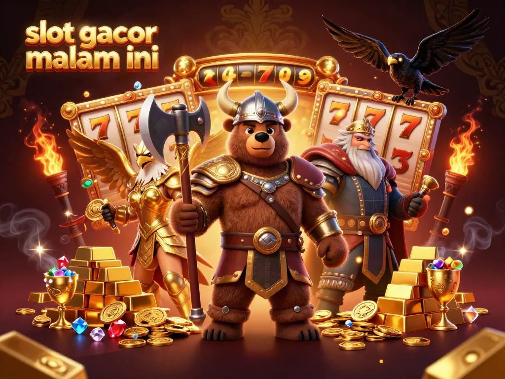 Mencoba slot gacor malam ini dengan Viking dan elang Valkyrie, dikelilingi harta karun berkilau.