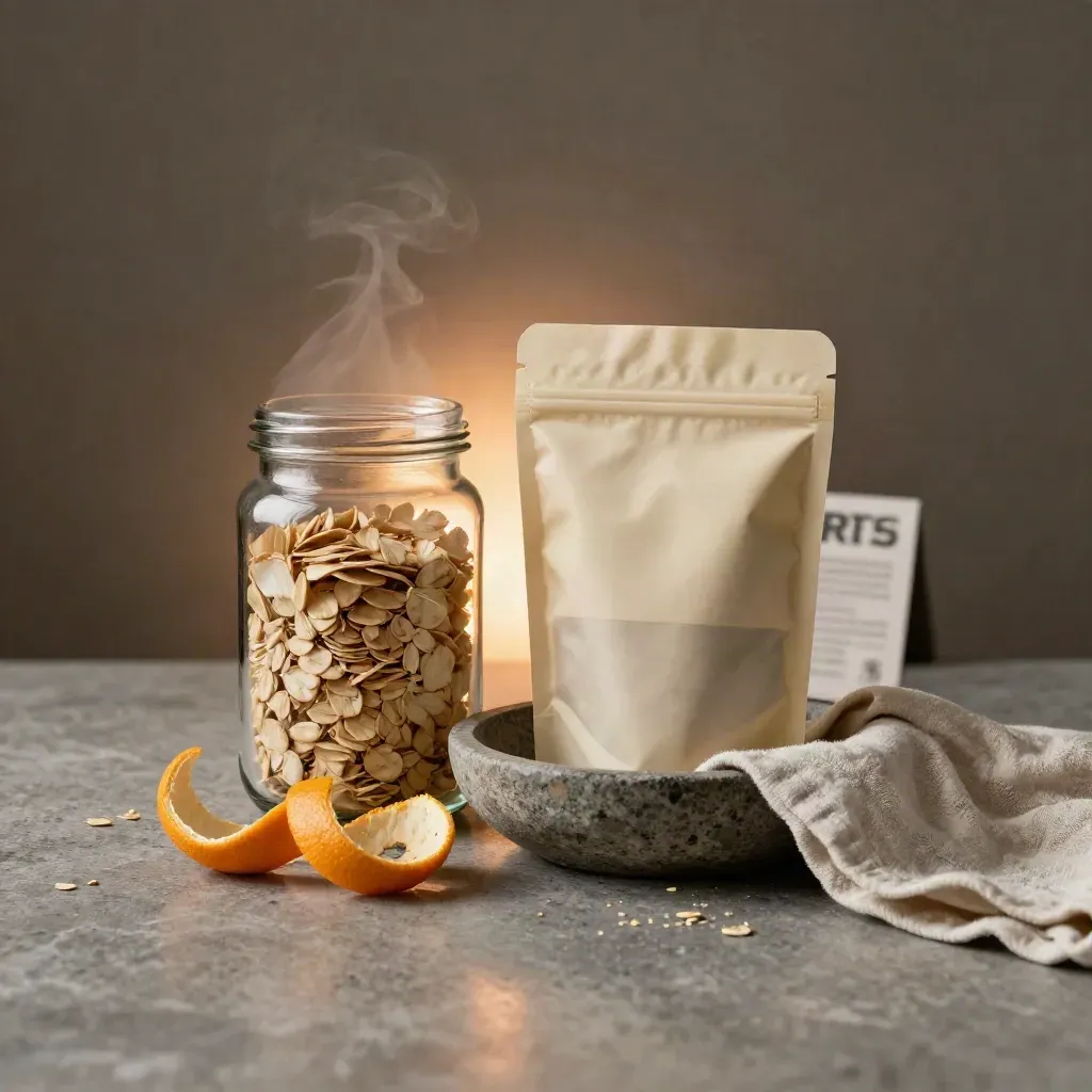 Flower jar and edible pouch beside a stone bowl, citrus peel, and linen runner on a dim studio surface.