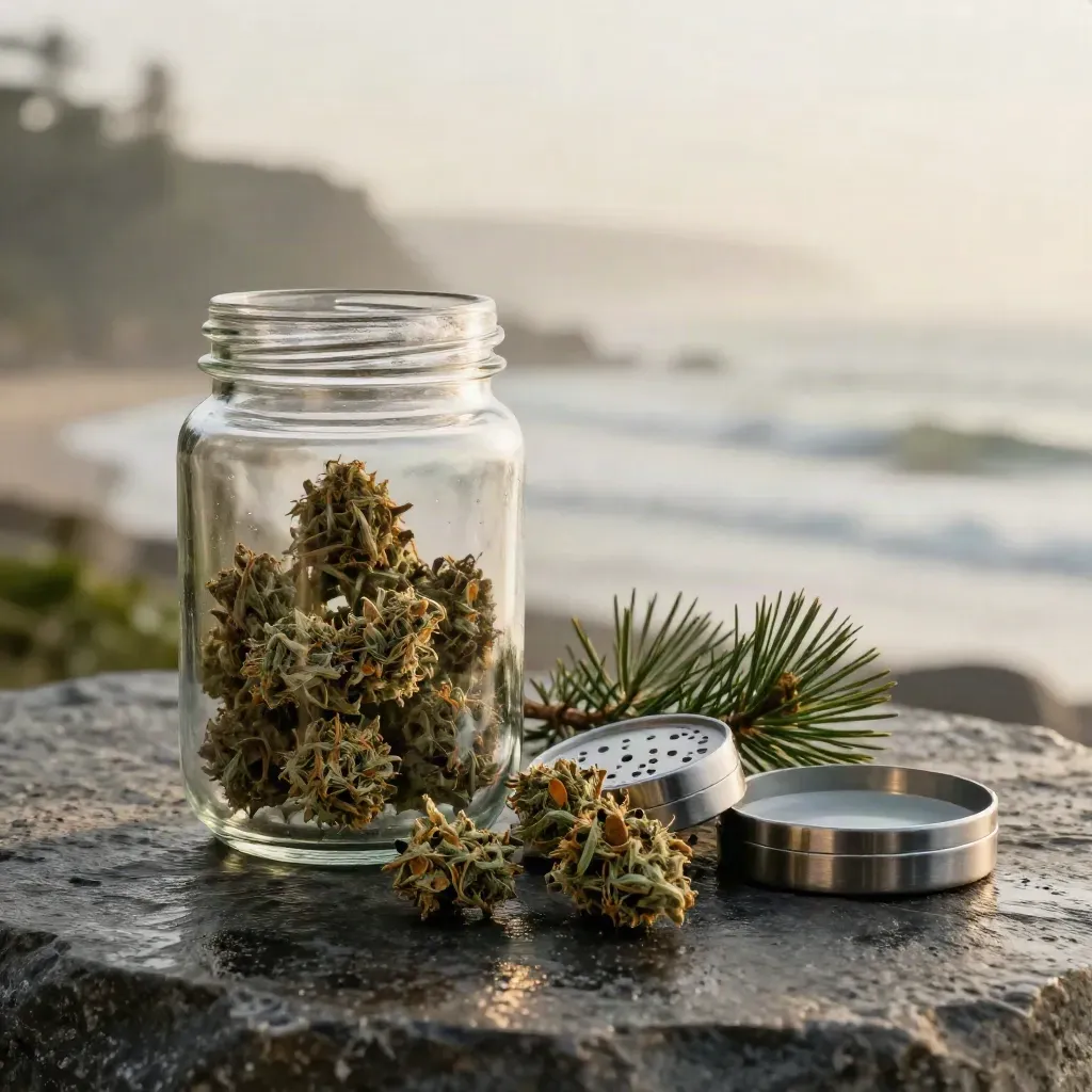Glass jar of cannabis flower with grinder, tray and pine sprig on wet stone by the coast