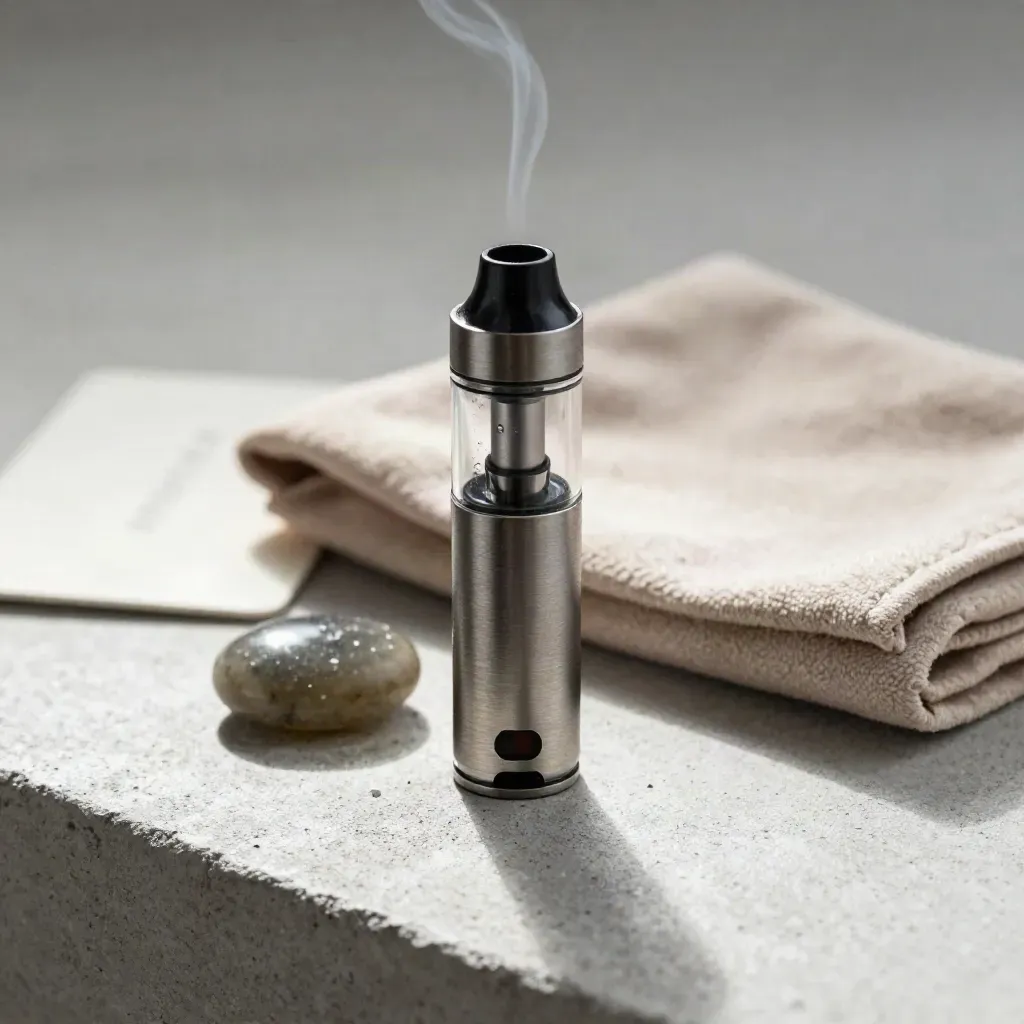 Vape cart, battery, smoked-glass pebble, and suede pouch on pale concrete with faint vapor.