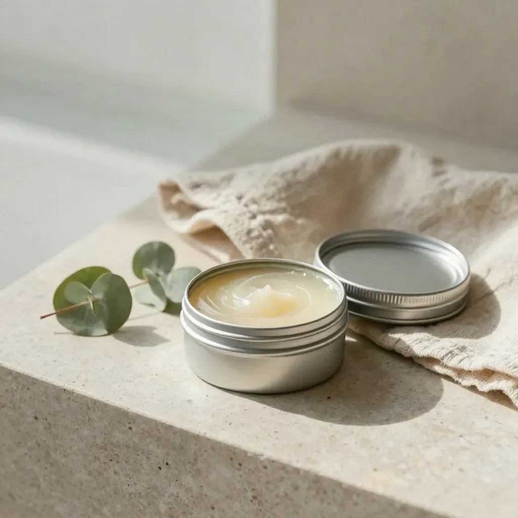 Open balm tin on stone with linen and eucalyptus in soft daylight