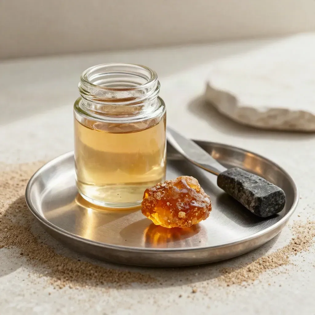 Amber concentrate jar, stone tool, and metal tray on pale stone in soft daylight.