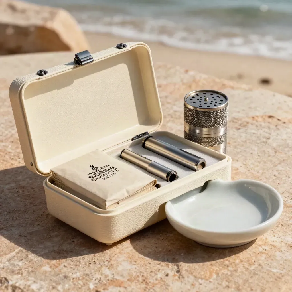 Open cannabis starter kit with grinder, papers, tray and slim tool on cream stone.