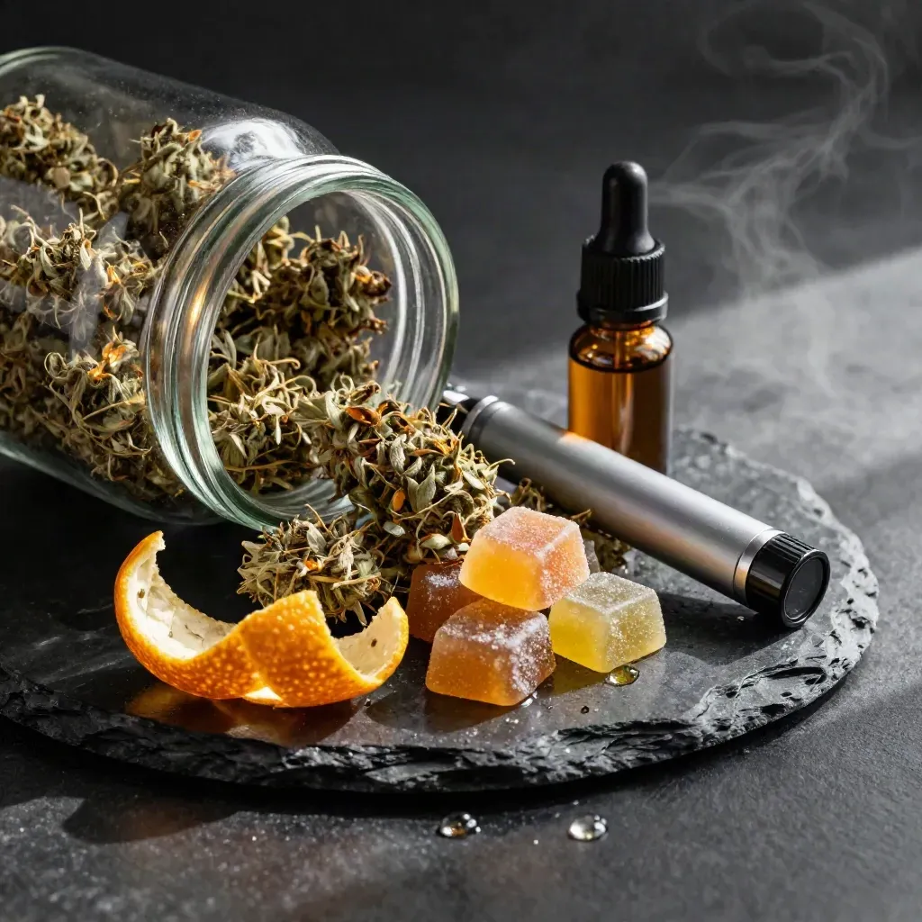 Cannabis bundle with flower, vape, tincture and edibles on wet black stone in amber sunbreak.