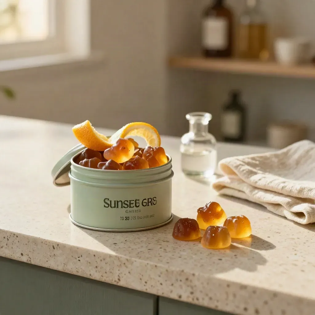 Open tin of glowing cannabis gummies with citrus peel on pale travertine in soft evening light.