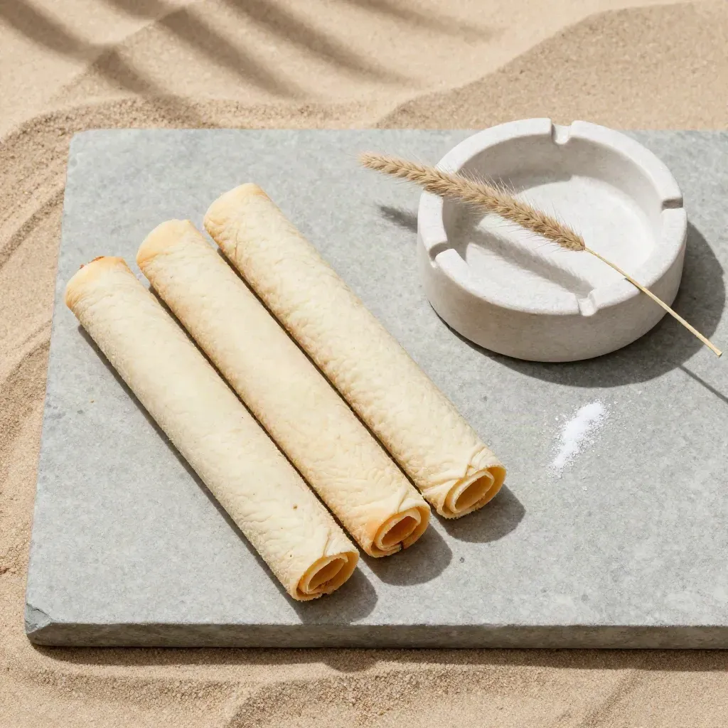Unbranded pre-roll trio on pale stone with ash dish and dune grass