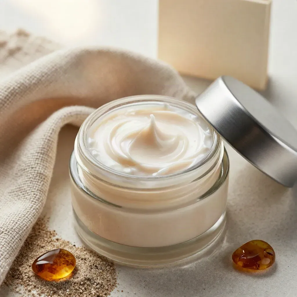 Open jar of amber relief cream with swirled top, linen folds, and an amber stone on pale stone.