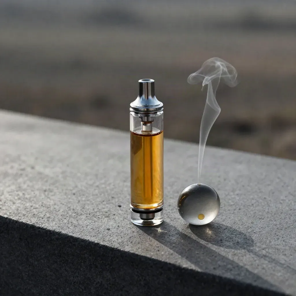 Clear vape cart, matching battery and smoked glass pebble on concrete with amber vapor glow.