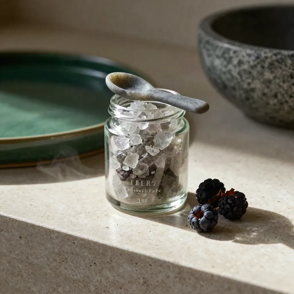Unlabeled jar of Berry Frost concentrate with stone spoon, berry husk, and cool vapor on stone.