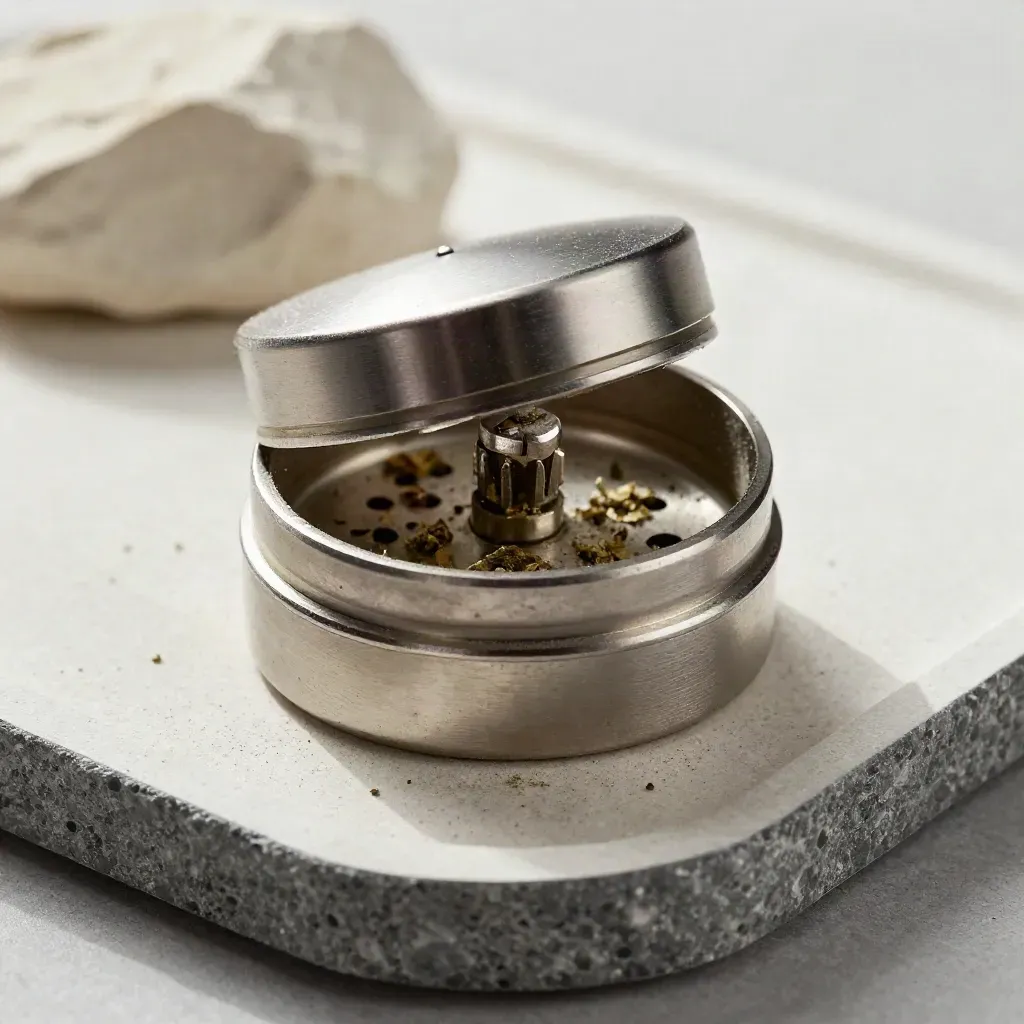 Open mini herb grinder with herb fragment on matte plaster tray, close-up