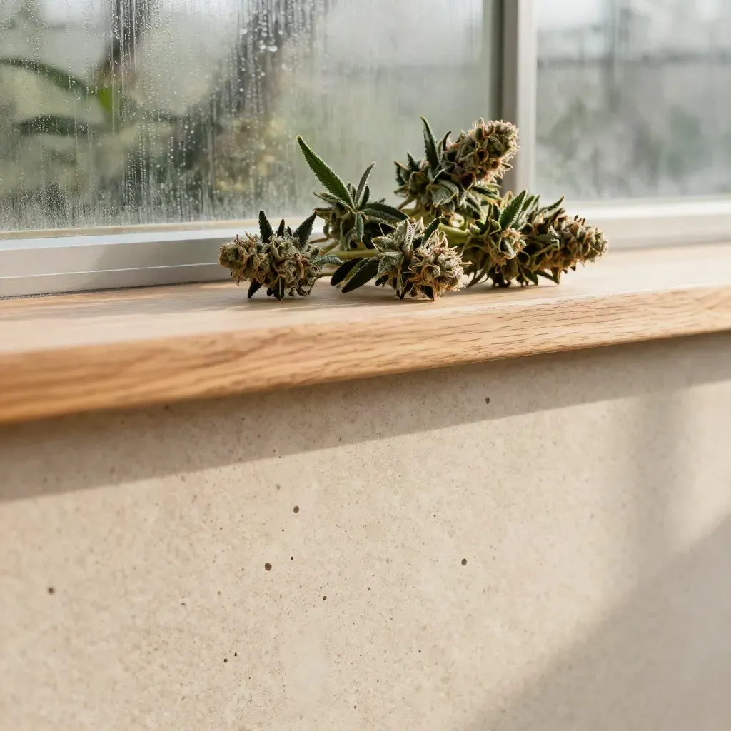Travertine ledge with cannabis flower stems, pale wood shelf, and soft greenhouse light.