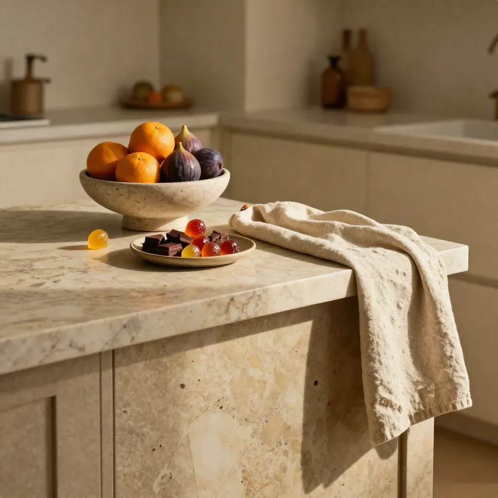 Marble island with fruit bowl, gummies, linen drape, and doorway light in a calm interior.
