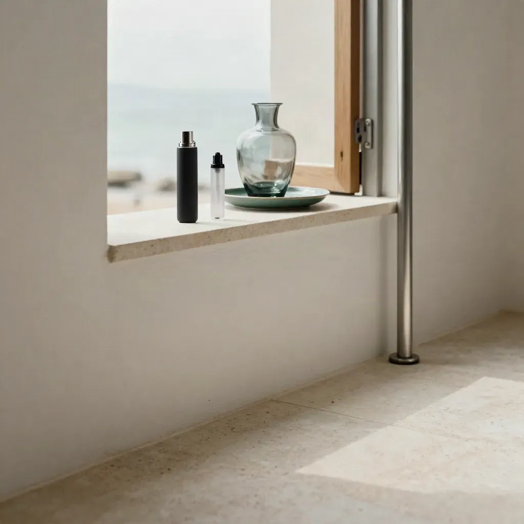 Minimal coastal room with vape devices on a pale plaster ledge, lit by soft cross light.