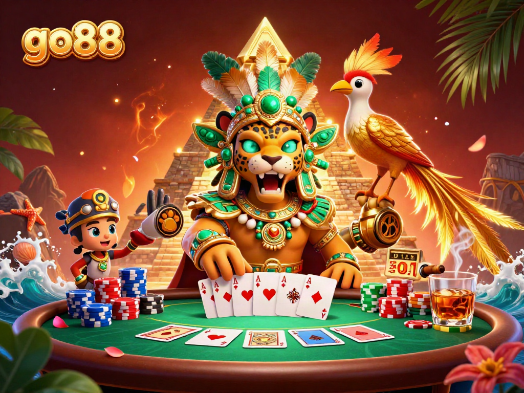 Engage with go88's thrilling poker scene featuring vibrant characters and elements of luck.