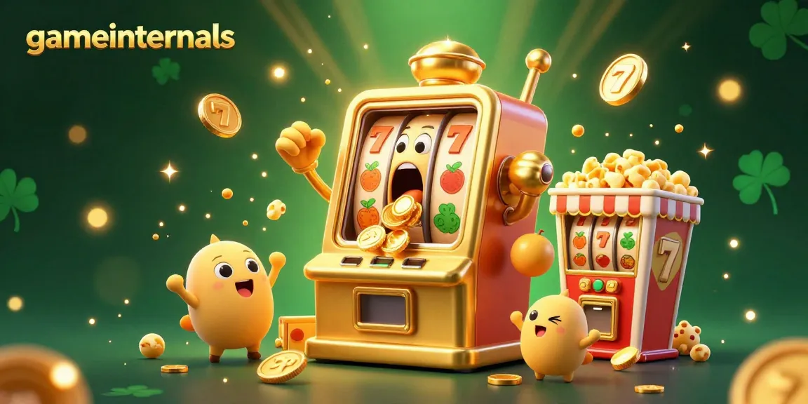 Gameinternals showcases a lively 3D scene of a golden slot machine hitting a jackpot amidst cheering baby machines.