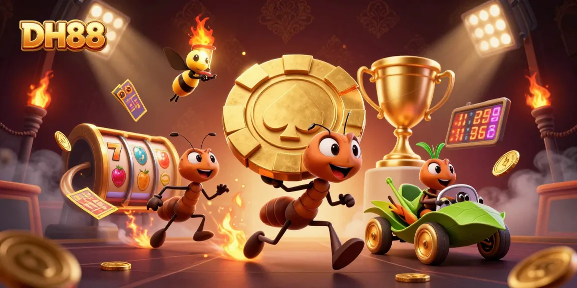 DH88 casino illustrated scene featuring ants carrying a giant poker chip in a vibrant heist with games elements.