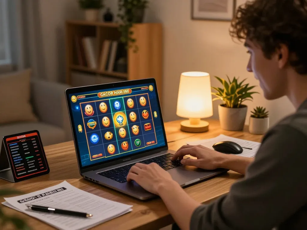 Player enjoys slot gacor hari ini excitement on laptop, highlighting online gambling action in a cozy setting.