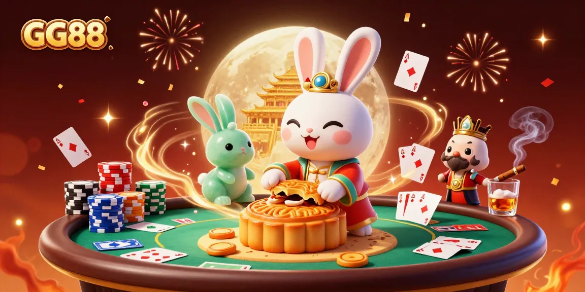 Experience GG88's thrilling poker ambiance with the moon rabbit surrounded by vibrant casino elements.