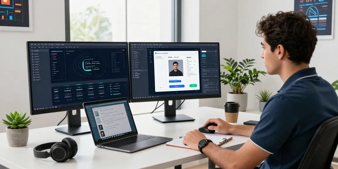 AI image detector interface displayed on monitors in a modern tech workspace