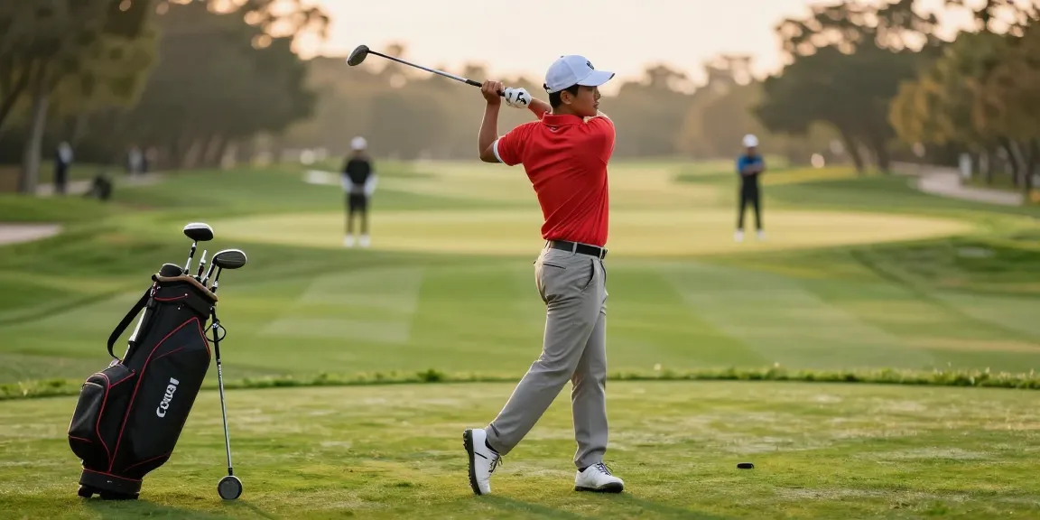 Golfer wearing 골프웨어 레플리카 on a beautiful golf course, showcasing premium style and elegance.