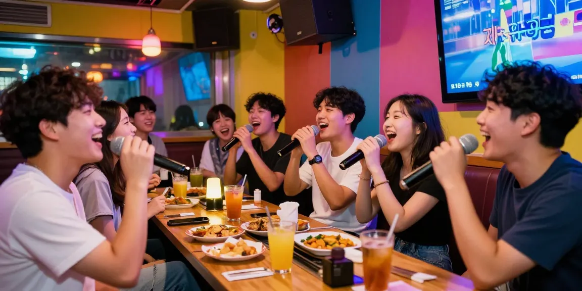 Enjoying 제주유흥 at a lively karaoke bar with friends, colorful ambiance and joyful atmosphere.