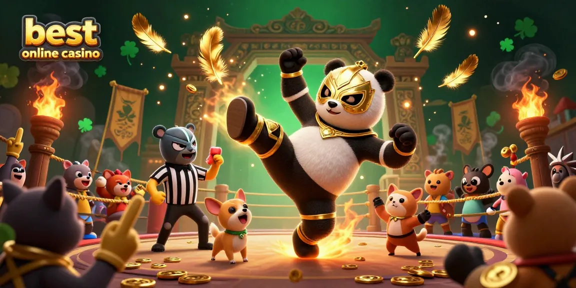 Exciting depiction of the best online casino experience with a panda wrestler and cheering animal crowd.