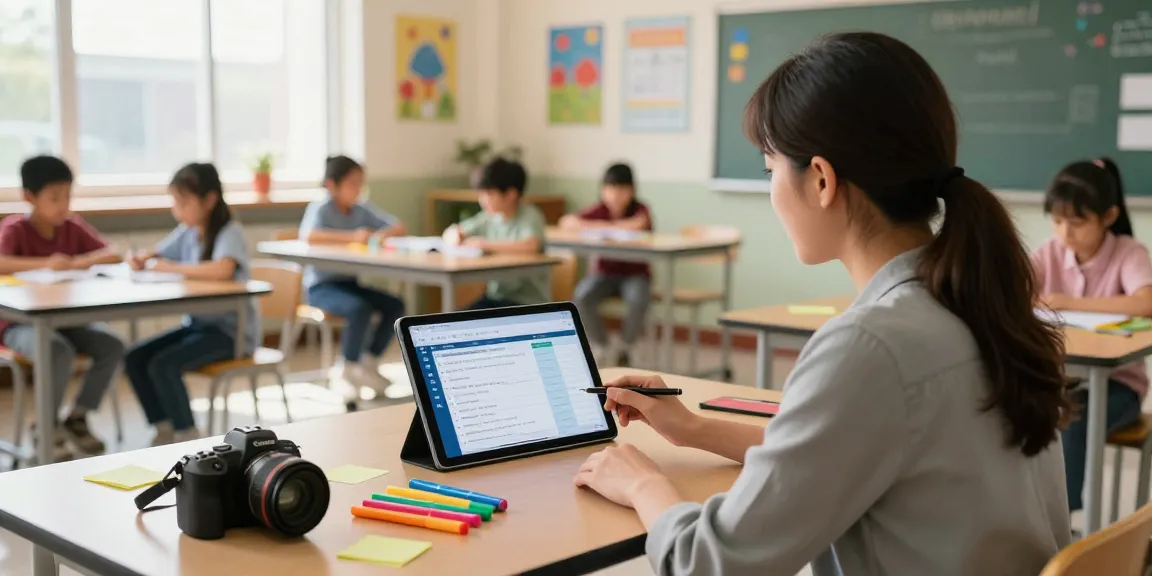 Teacher using an online teacher planner EMStudio to manage lessons in a vibrant classroom.