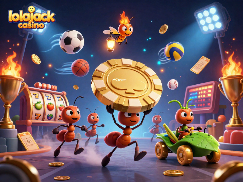 Experience the excitement of lolajack casino with ants orchestrating a heist for a giant poker chip amidst dynamic game elements.