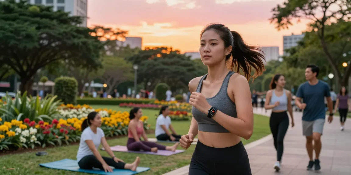 Jogging di taman kota dengan jam tangan pintar Fitbit Luxe yang stylish dan menampilkan data kesehatan di pergelangan tangan, menciptakan atmosfer sehat.