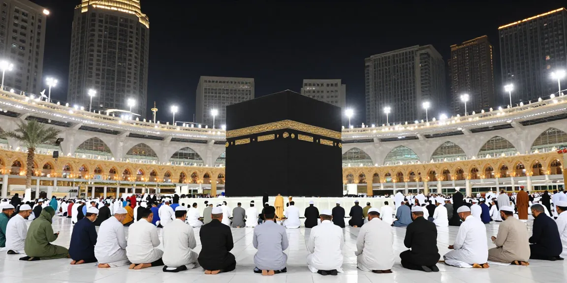 Stunning Umroh Full Ramadhan experience in Makkah with pilgrims engaging in prayer.
